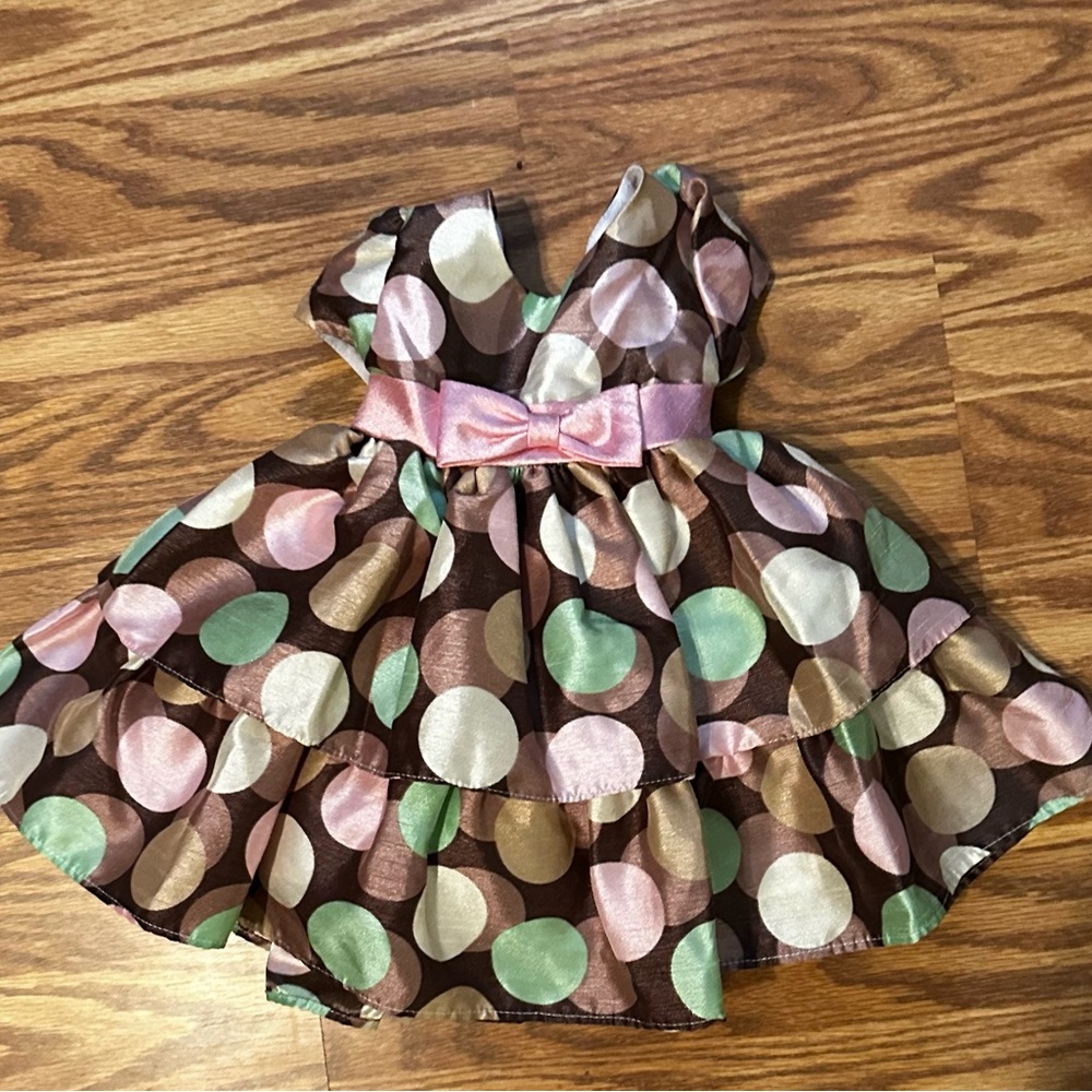 Marmellta infant girl's brown Polka Dot Party Dress with Bow & crinoline  0-3 mo